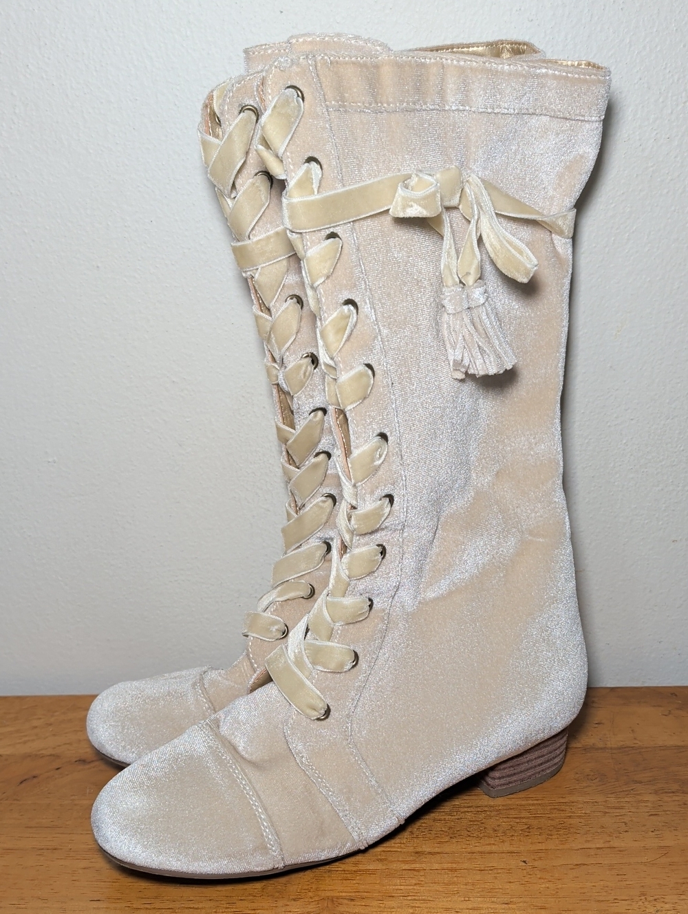Joyfolie Marija Tall Boots in Champagne Velvet Lace-Up Boho Girls Size 5
